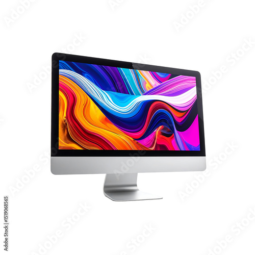 Modern silver desktop computer with vibrant abstract on transparent background