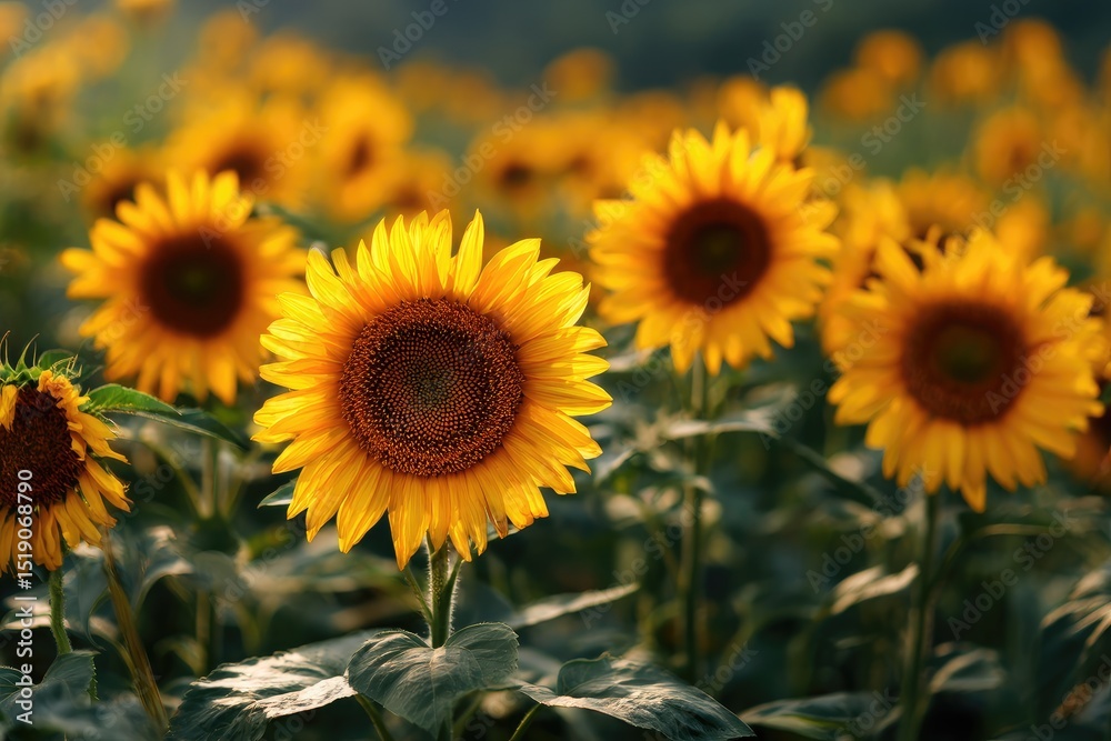 Obraz premium Golden sunflower field at dawn