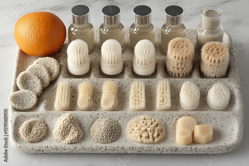 Variety of skincare tools and accessories arranged on a speckled tray.