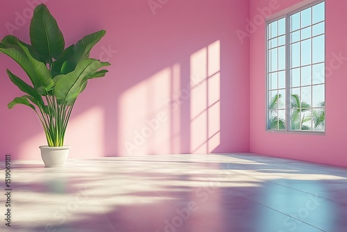 Pink room interior with plant and window.