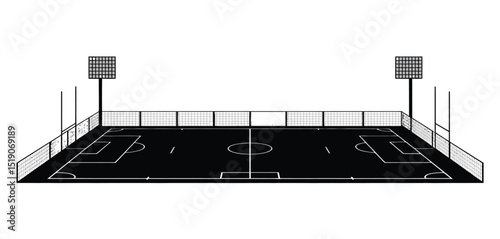 Black and White Illustration of a Soccer Field with Floodlights