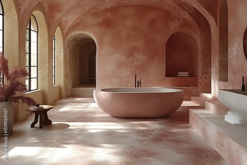 Pink, minimalist bathroom with an oval tub.