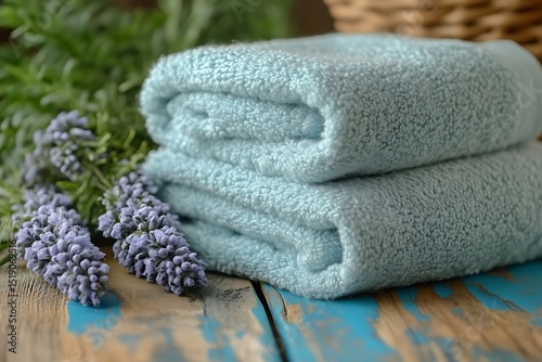 Soft, light blue towels and lavender sprigs on a wooden surface.