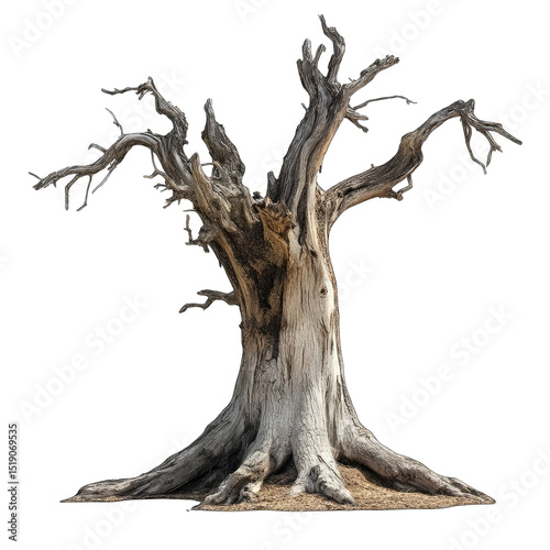 Ancient, gnarled tree, weathered gray bark, exposed roots, sparse branches reaching skyward against black background