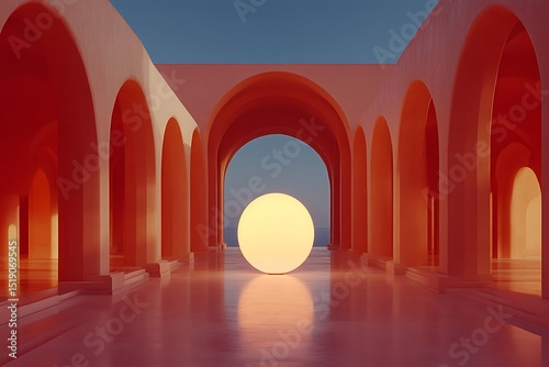 A colonnaded hallway with arches and a luminous sphere.