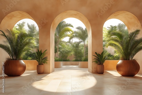 An arched walkway with lush tropical plants.