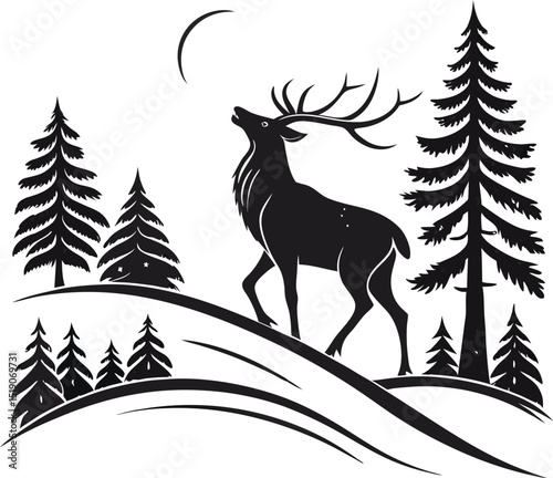 deer standing on hill in winter forest with pine trees moon and snowy landscape