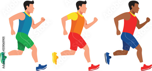 Vector Illustration of Three Male Runners in Dynamic Mid-Stride Motion with Vibrant Athletic Apparel