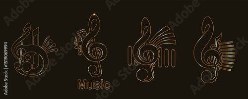 Golden Treble Clef Vector Set. Abstract Musical Symbols Art. Modern Neon Music Notes Icons. Digital Music Logo Design Elements. Glowing Music Line Art for Posters, Branding, Web, and Media.
