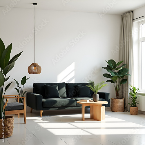 Modern living room with dark sofa, wooden furniture, rattan decor, and indoor plants on bright floor and white walls