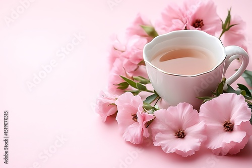 Delicate pink flowers and a cup of tea.