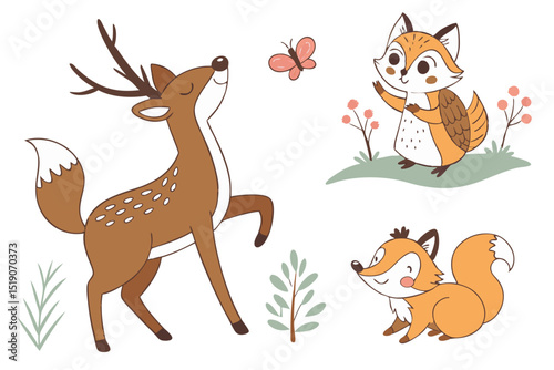 Cute cartoon deer fox and butterfly illustration