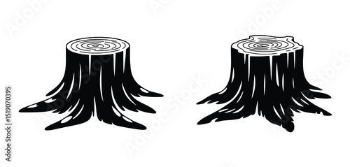 Two Black and White Tree Stump Illustrations