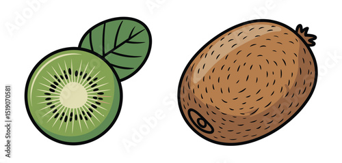 Fresh Kiwi Fruit Illustration with Leaf and Slice