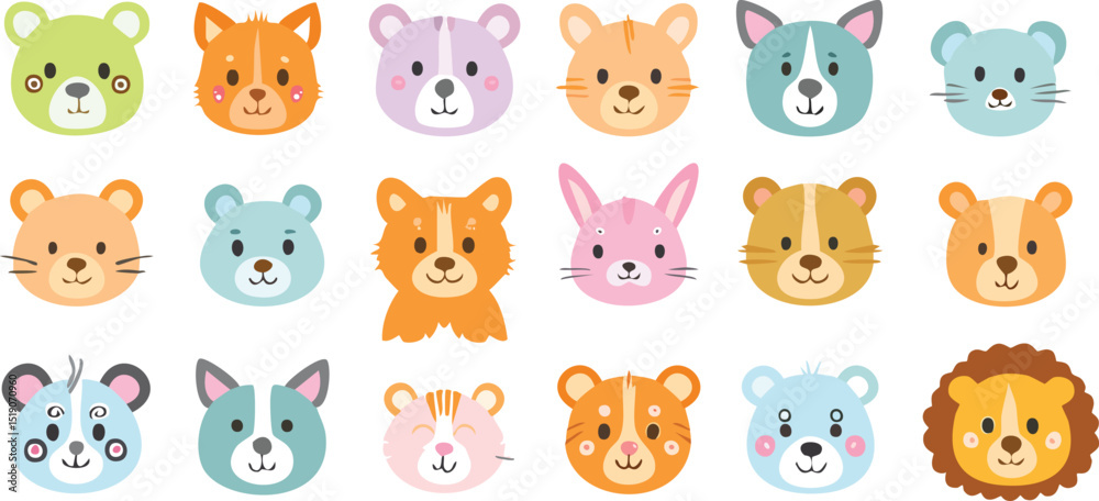 Vector Adorable Cartoon Bear Faces in Rows with Rosy Cheeks and Symmetrical Design Vector Adorable Cartoon Bear Faces in Rows with Rosy Cheeks and Symmetrical Design