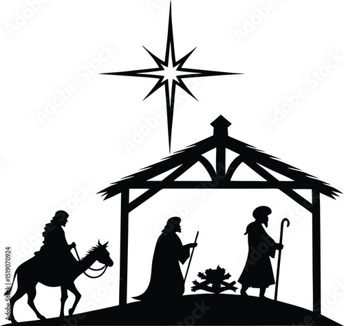 nativity scene with baby jesus mary joseph shepherd and star in stable on christmas night