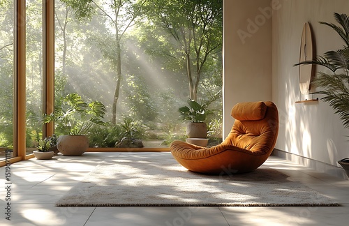Orange Lounge Chair Mockup in Sunlit Nature  Inspired Room

