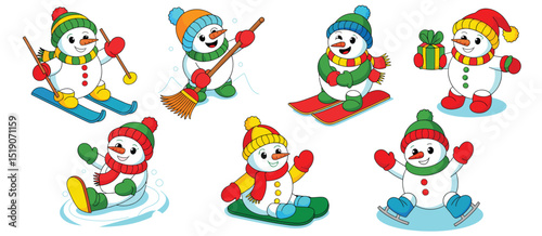 Adorable Cartoon Snowmen Winter Sports Activities Set