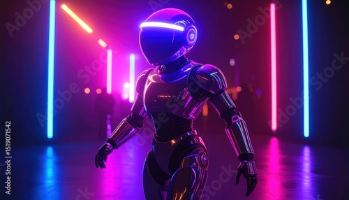 Chrome Robot Sculpture Illuminated By Neon Synthwave Lights Against A Dark Background