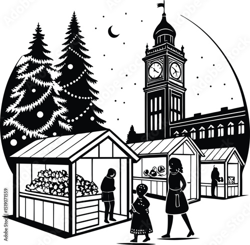 christmas market with clock tower and pine trees under starry sky