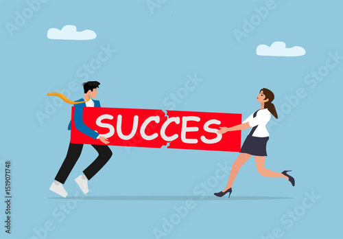 Businessman and Businesswoman Pulling Torn Red Success Banner Together in Teamwork and Competition Concept