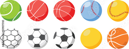Vector Cartoon Sports Balls Collection in Bright Colors with Simplified Design on White Background