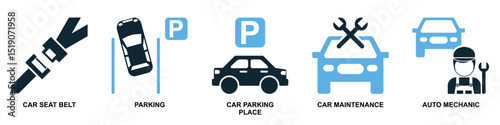 Set of automobile icon vector for various vehicle types, driving tools, and transport symbols. Ideal for UI kits, fleet dashboards, and auto shop interfaces.