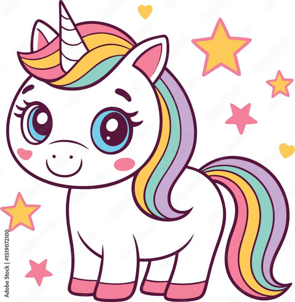 Naklejka premium Adorable cartoon unicorn with rainbow mane and tail