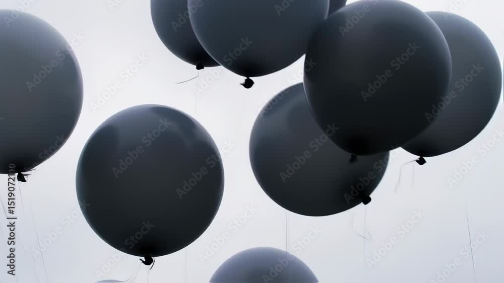 Atmospheric shot of elegant black balloons floating against a cloudy sky background