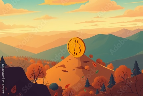 Bitcoin on mountain during autumn digital illustration