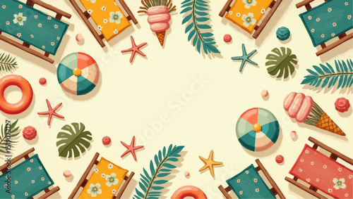 3D enchanted island with palm trees, treasure chest, and cartoon sea animals for backg