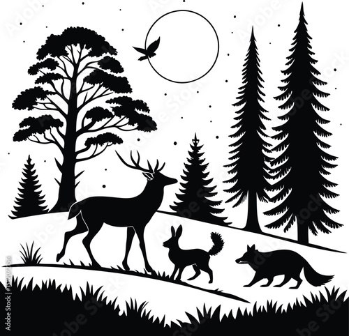 forest animals deer rabbit fox squirrel night scene silhouette illustration