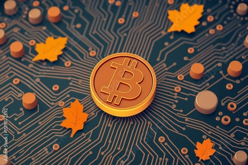 Bitcoin Autumn on Circuit Board Background