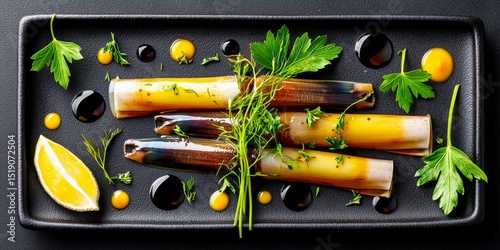 Gourmet razor clam dish plated with herbs, sauces, and lemon garnish