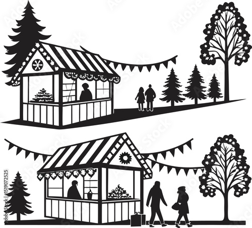 winter market stalls with people walking trees and festive garlands in snow scene