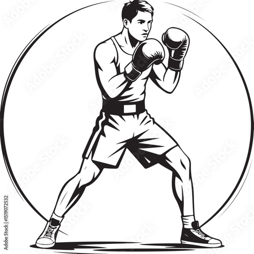 Powerful Boxer in Fighting Stance Black and White Illustration
