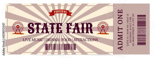 State fair festival ticket in retro style. Flat vector illustration on white background