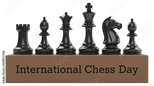 Black chess pieces arranged on a wooden block celebrating international chess day