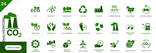Co2 icon. Containing ecology, green energy, carbon capture, greenhouse effect, environment. Solid vector icons collection.