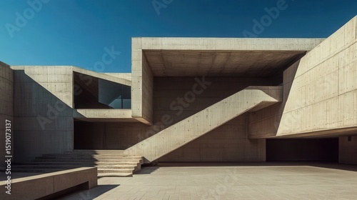 Open concrete structure with angular shadows, minimal lines, architectural photography style