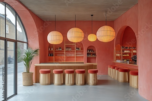 A modern bar with coral walls and stylish pendant lights.