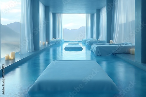 Serene, light-filled interior space with beds set on a reflective pool.