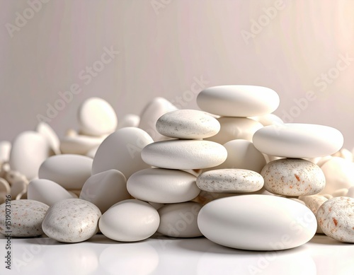 Close Up Of White And Light Brown Rounded Pebbles Overlapping With Smooth Stone Textures And A Soft Background photo