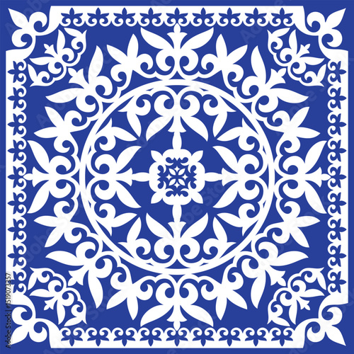 Traditional ornamental white lace pattern on blue background. Traditional Persian-Arabic-Indian-Turkish-Islamic Pattern. Square national ornament. Template for carpet, shawl, pillow, cushion, bolster