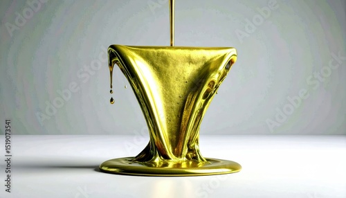 Liquid Gold Paint Pouring Over Triangular Structure with Metallic Flow on White Surface