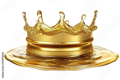 A golden crown, formed from liquid metal, sits atop a pool of the same substance, exhibiting dynamic fluidity and a regal aesthetic