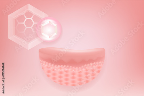 Hyaluronic acid and Niacinamide hair and skin solutions ad, pink collagen serum drops into skin cell with cosmetic advertising background ready to use, illustration vector.	