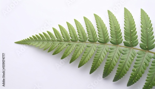 Detailed Green Fern Leaf Close Up With Water Droplets on White Background