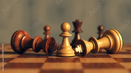 Chessboard with victorious pawn and defeated pieces representing strategy and triumph. photo