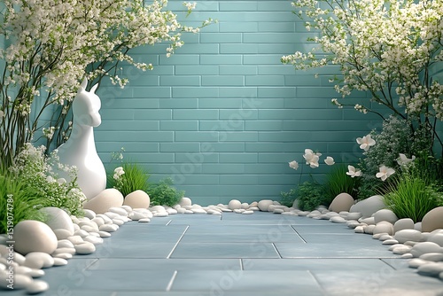 Serene garden path lined with white stones and flowers.